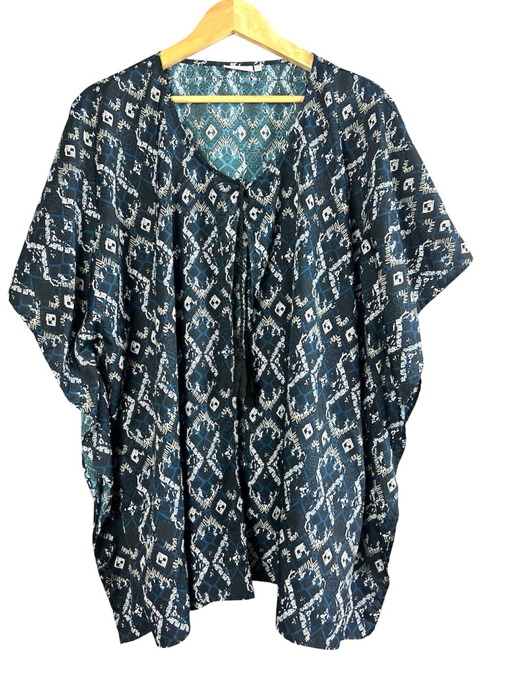 Canyon Sky Geometric Kaftan Kimono Poncho Tassel Tie Indigo Blue Size 14-20